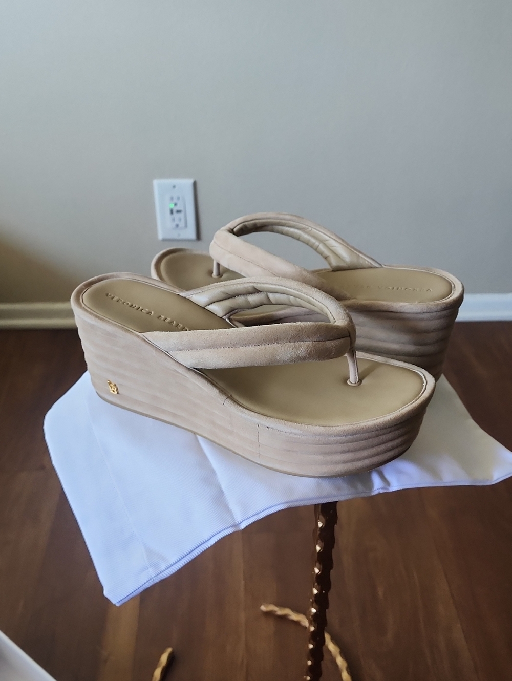 Veronica Beard Suede Beige Platform Wedge Thong Sandals